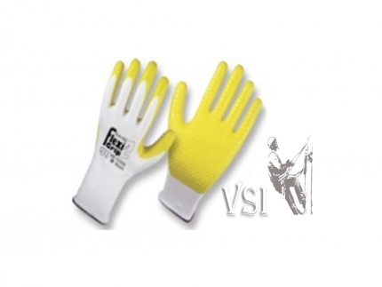 ZUBIOLA 11133338/39 GUANTES POLIÉSTER COLOR BLANCO RECUBIERTOS EN NITRILO CON PUNTOS COLOR AMARILLO “FLEXIGRIP2”. PUÑO TEJIDO.